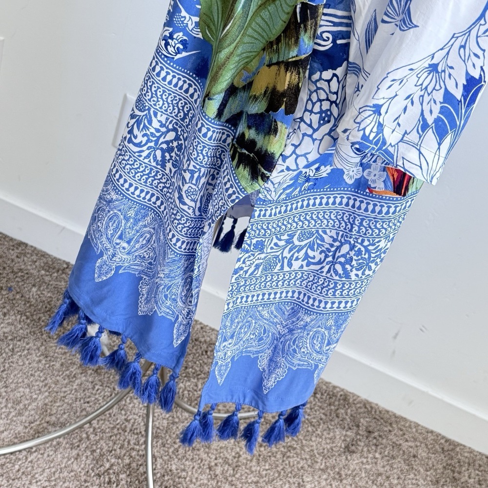 Chicos Kimono Duster Womens Blue Tassels Boho Beach Resort Bold Coastal Tropical - Picture 2 of 10